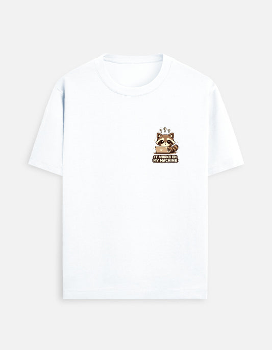 It Works On My Machine pixel art raccoon t-shirt by Helm & Hack