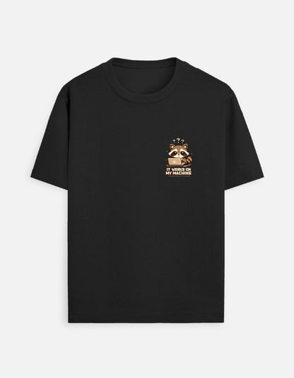 It Works On My Machine pixel art raccoon t-shirt by Helm & Hack