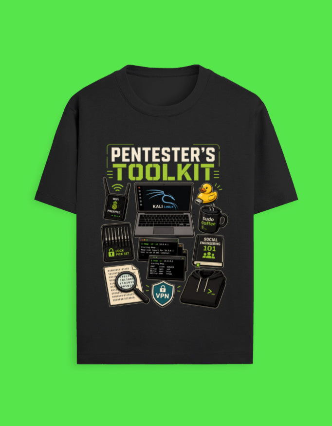The Pentester's Toolkit flat-lay illustration t-shirt by Helm & Hack
