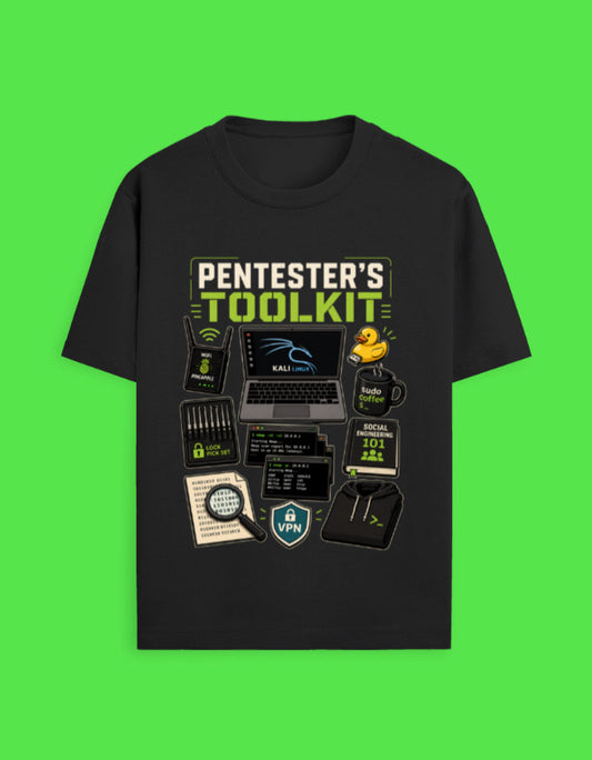 The Pentester's Toolkit flat-lay illustration t-shirt by Helm & Hack