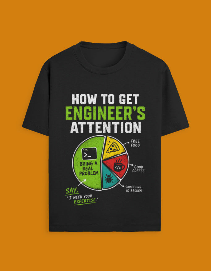 How to Get an Engineer's Attention coffee joke t-shirt by Helm & Hack