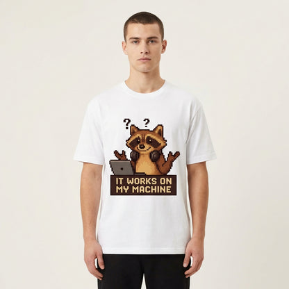 It Works On My Machine pixel art raccoon t-shirt by Helm & Hack